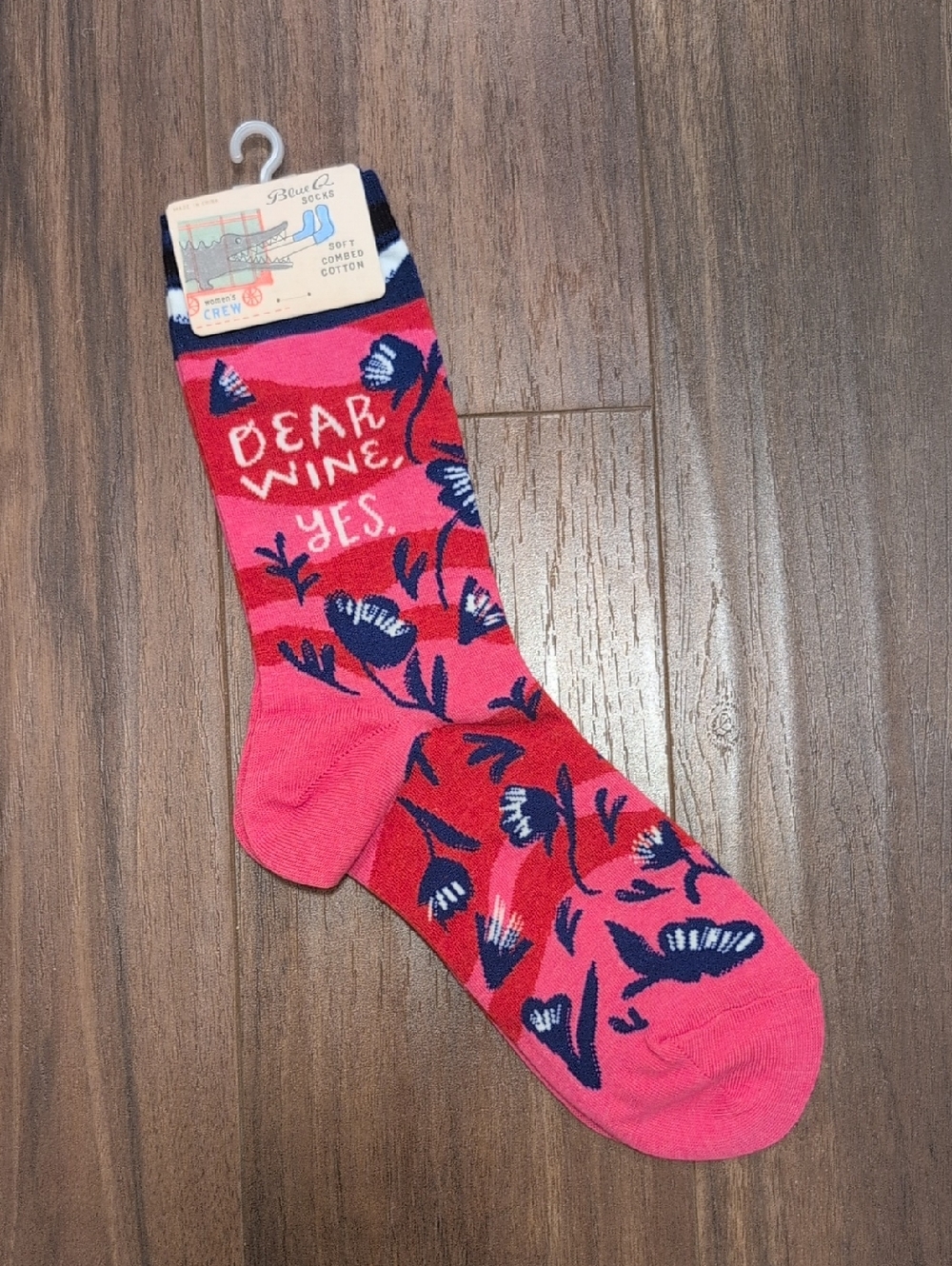Blue Q Pink Crew Socks with Navy Floral 'Dear Wine, Yes.'